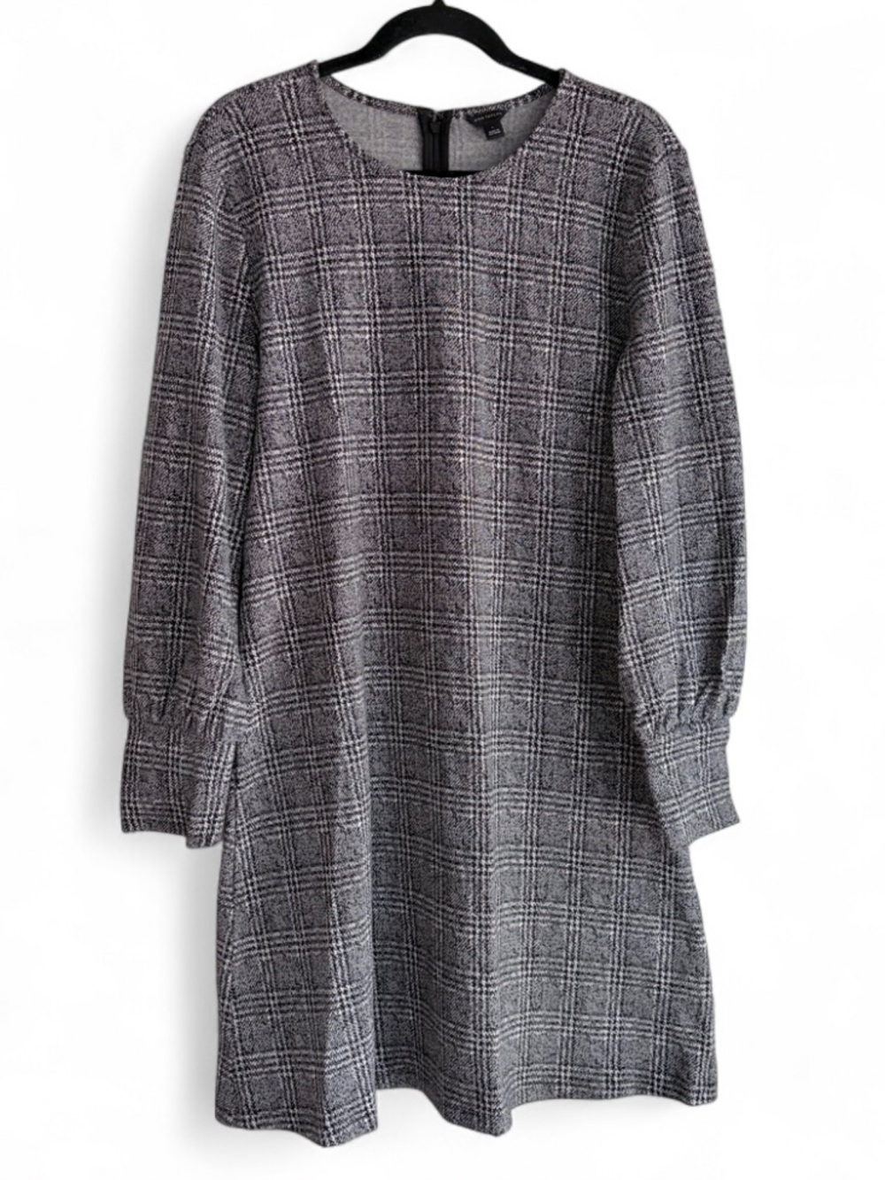 Ann Taylor Black Plaid Knit Long Sleeve A Line Dress Size L